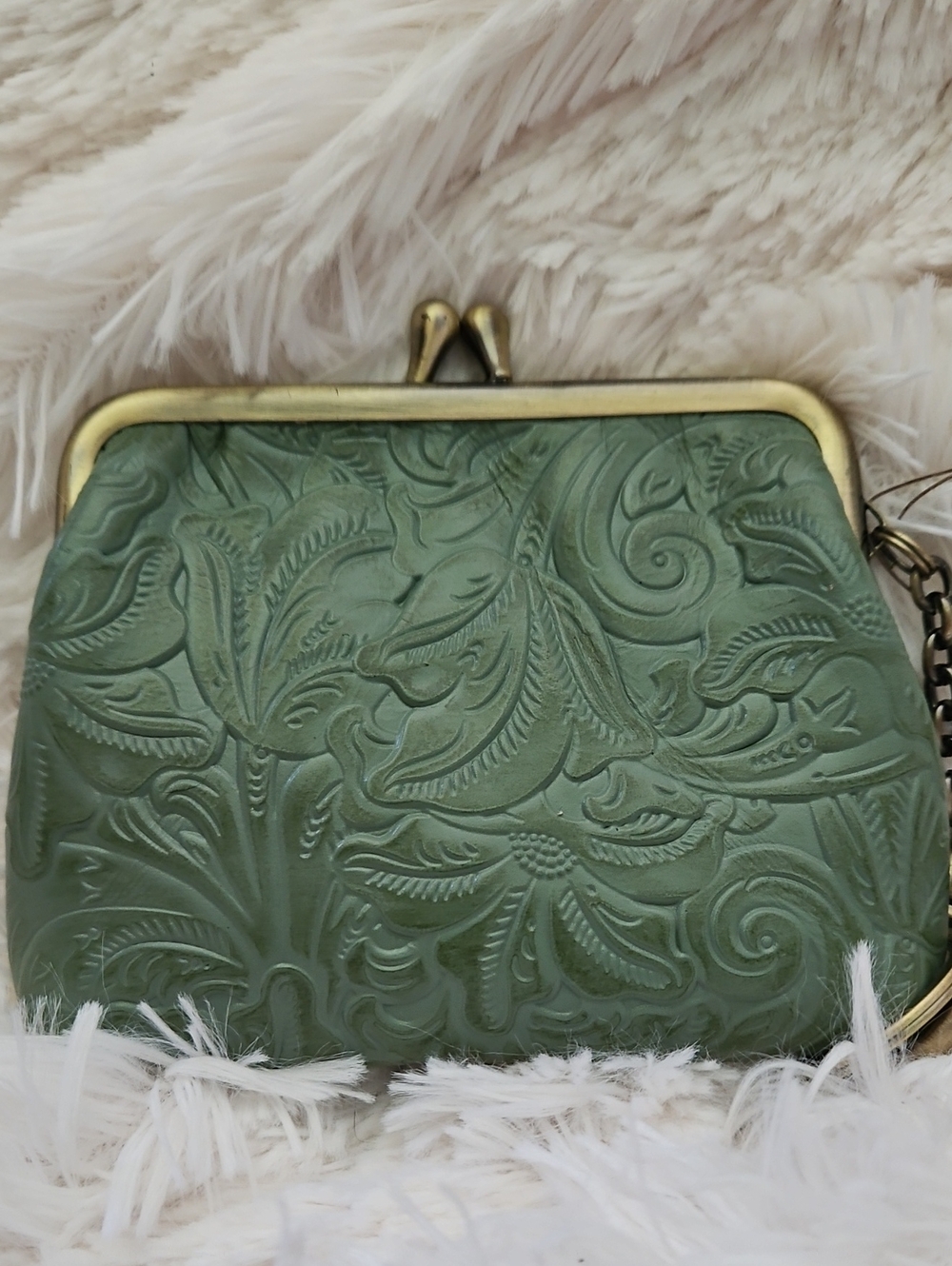 Patricia Nash Borse Burnished Tooled Leather Coin Purse Keychain Sage Green - Picture 2 of 7